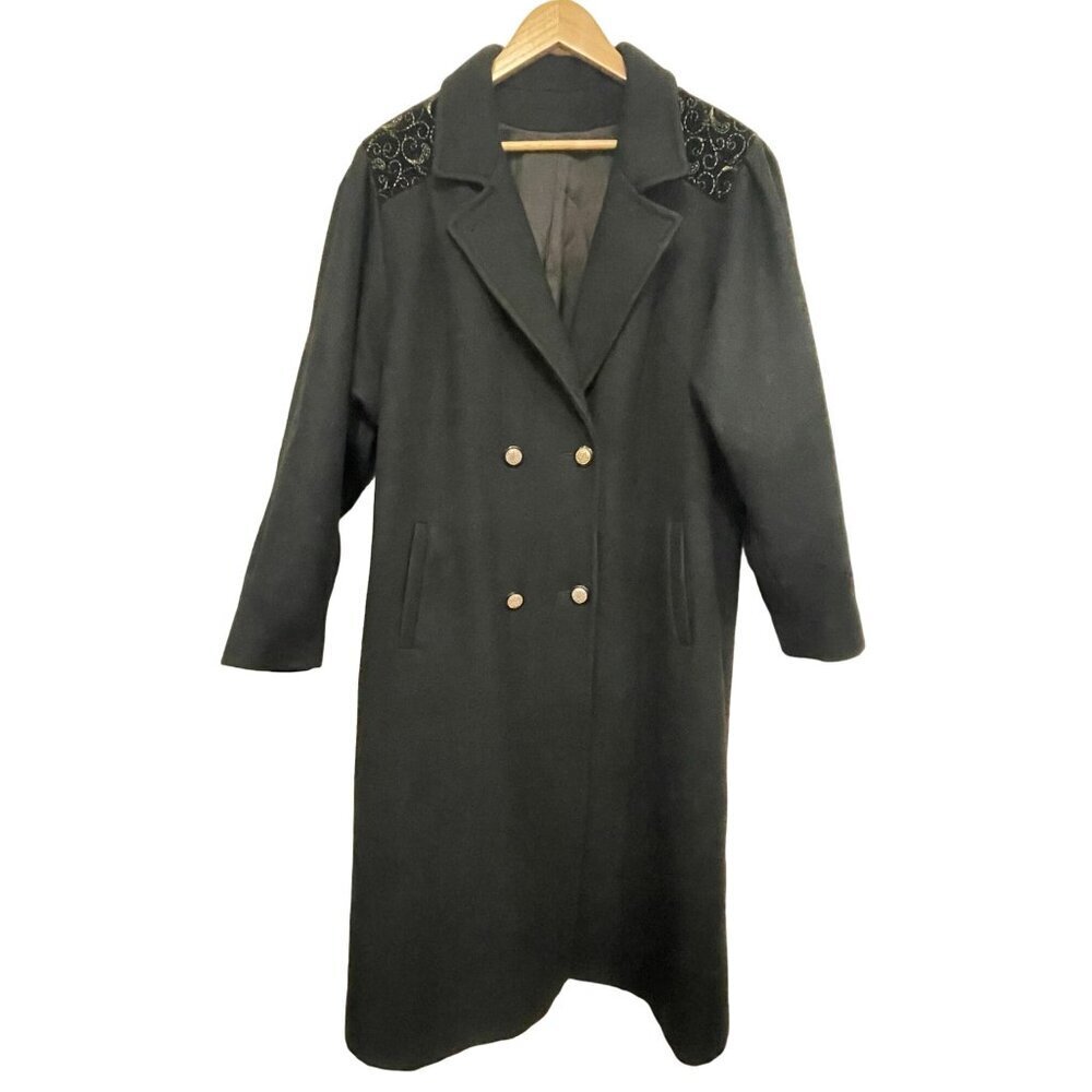 Vintage Women Double-Breasted Wool Coat Gold Embroidered Shoulders Union Tag USA